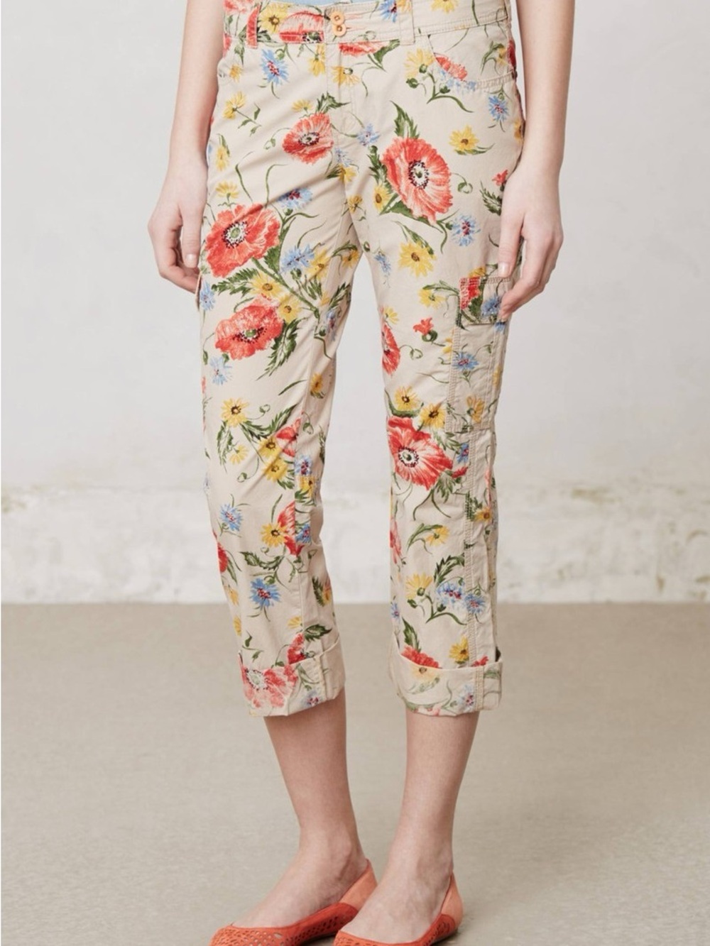 Anthropologie Hei Hei Floral Crop Cargo Pants in Beige with Red Bloom Print